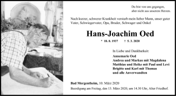 Traueranzeige von Hans-Joachim Oed von Fränkische Nachrichten