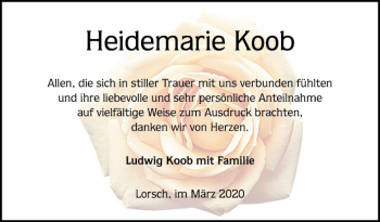 Traueranzeige von Heidemarie Koob von Bergsträßer Anzeiger