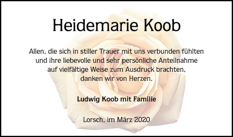  Traueranzeige für Heidemarie Koob vom 14.03.2020 aus Bergsträßer Anzeiger