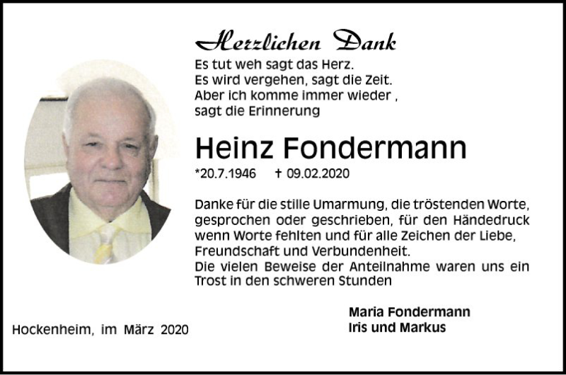  Traueranzeige für Heinz Fondermann vom 06.03.2020 aus Schwetzinger Zeitung