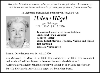 Traueranzeige von Helene Hügel von Fränkische Nachrichten