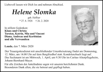 Traueranzeige von Helene Slomka von Fränkische Nachrichten