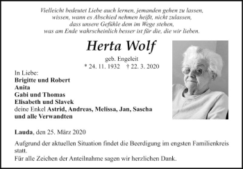 Traueranzeige von Herta Wolf von Fränkische Nachrichten