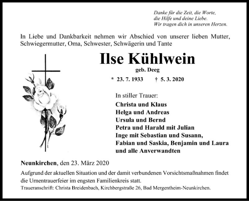  Traueranzeige für Ilse Kühlwein vom 23.03.2020 aus Fränkische Nachrichten