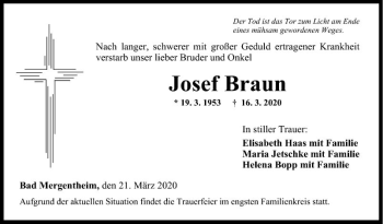 Traueranzeige von Josef Braun von Fränkische Nachrichten
