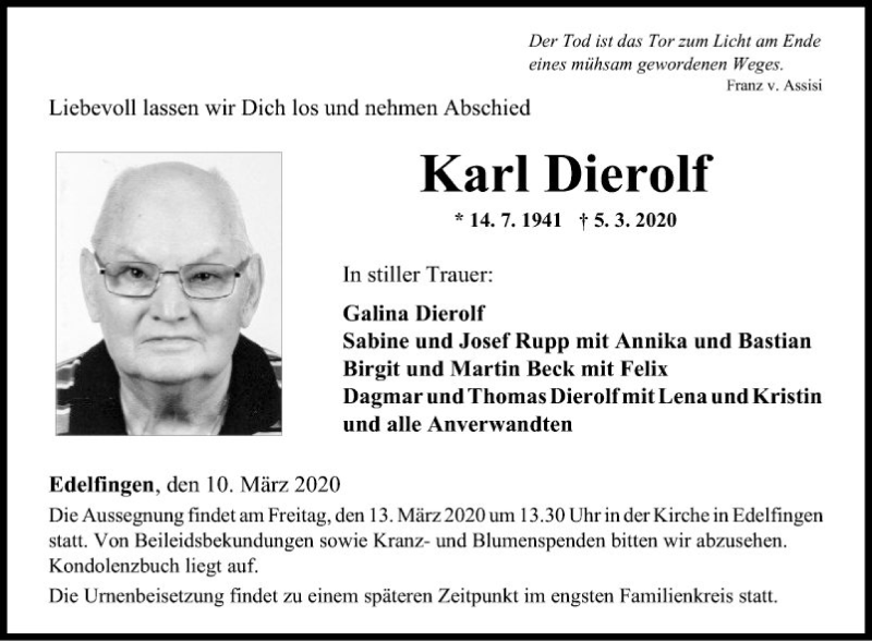  Traueranzeige für Karl Dierolf vom 10.03.2020 aus Fränkische Nachrichten