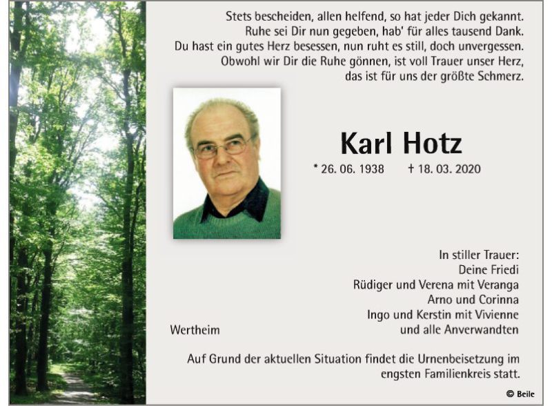  Traueranzeige für Karl Hotz vom 27.03.2020 aus Fränkische Nachrichten