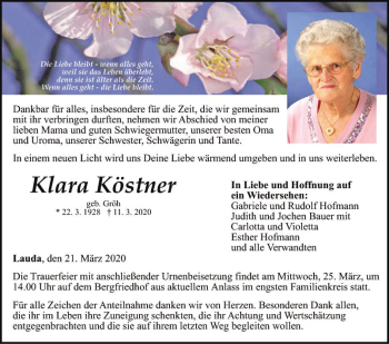 Traueranzeige von Klara Köstner von Fränkische Nachrichten