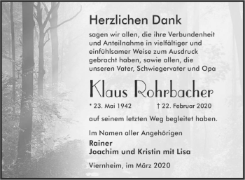 Traueranzeige von Klaus Rohrbacher von Südhessen Morgen