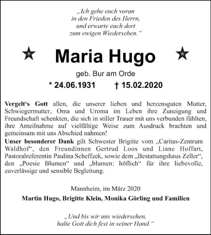  Traueranzeige für Maria Hugo vom 21.03.2020 aus Mannheimer Morgen