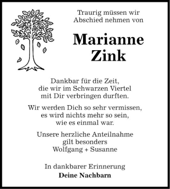 Traueranzeige von Marianne Zink von Fränkische Nachrichten