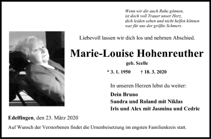  Traueranzeige für Marie-Louise Hohenreuther vom 23.03.2020 aus Fränkische Nachrichten