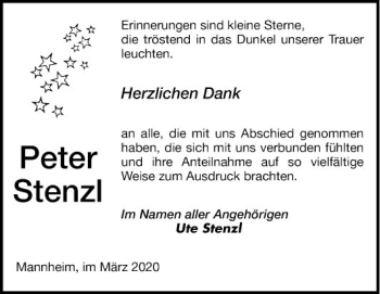 Traueranzeige von Peter Stenzl von Mannheimer Morgen