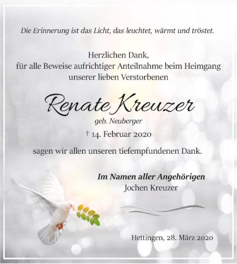  Traueranzeige für Renate Kreuzer vom 28.03.2020 aus Fränkische Nachrichten