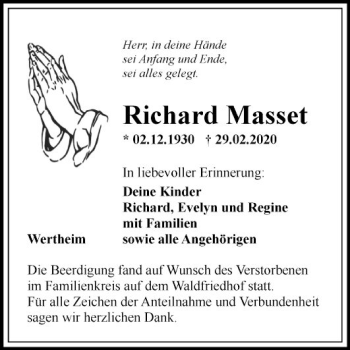 Traueranzeige von Richard Masset von Fränkische Nachrichten