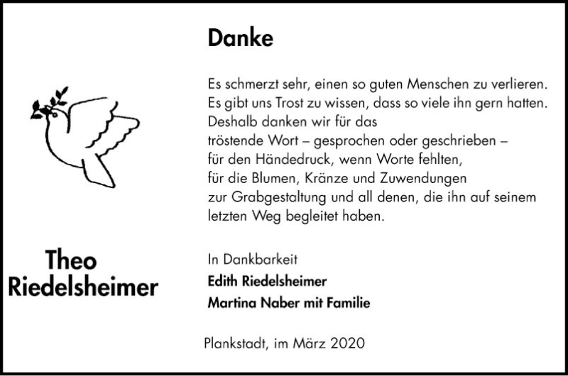  Traueranzeige für Theo Riedelsheimer vom 14.03.2020 aus Schwetzinger Zeitung