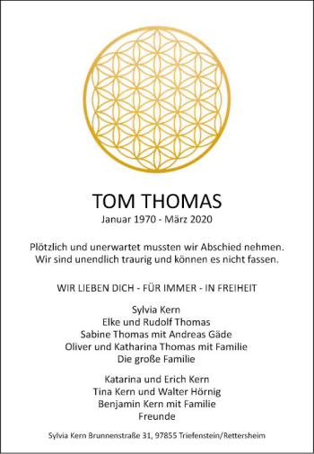 Traueranzeige von Tom Thomas von Fränkische Nachrichten