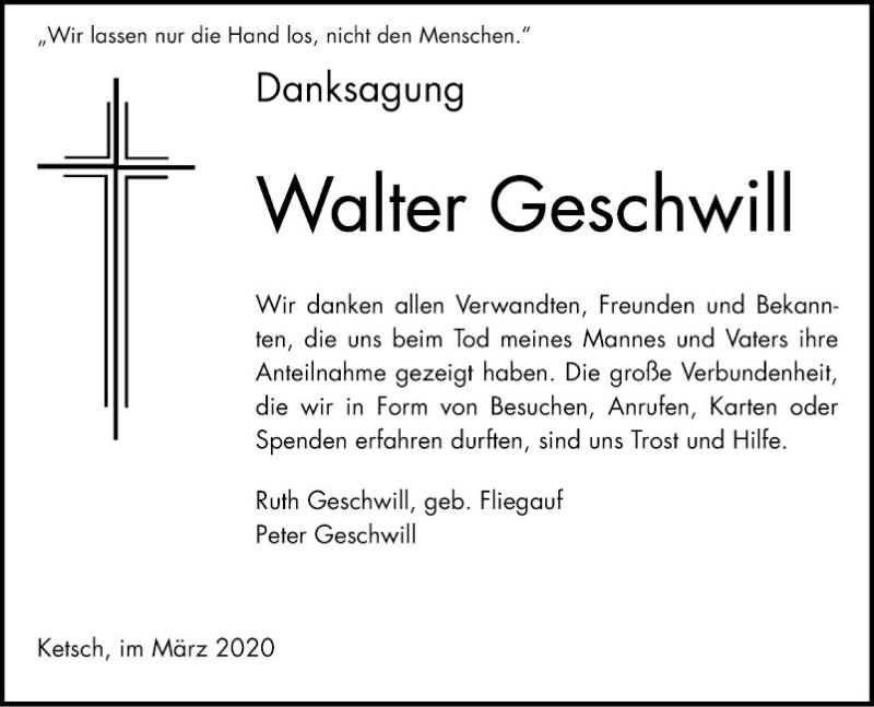  Traueranzeige für Walter Geschwill vom 05.03.2020 aus Schwetzinger Zeitung
