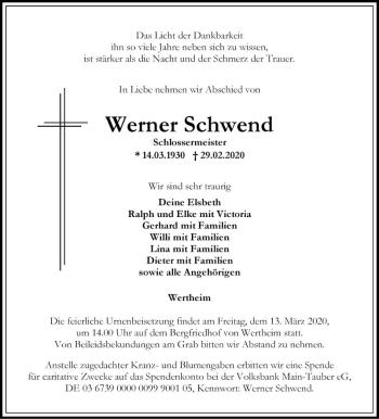 Traueranzeige von Werner Schwend von Fränkische Nachrichten