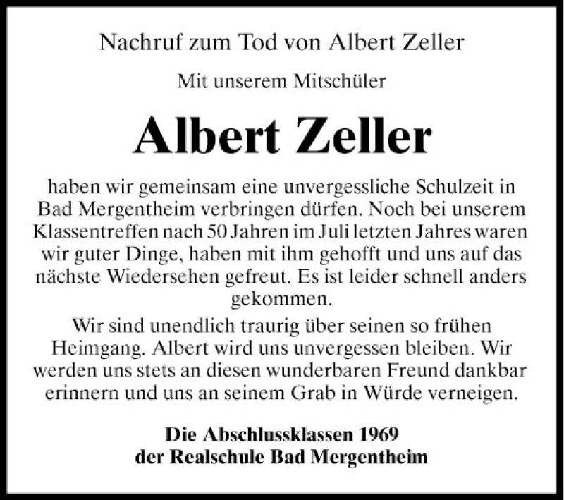  Traueranzeige für Albert Zeller vom 24.04.2020 aus Fränkische Nachrichten