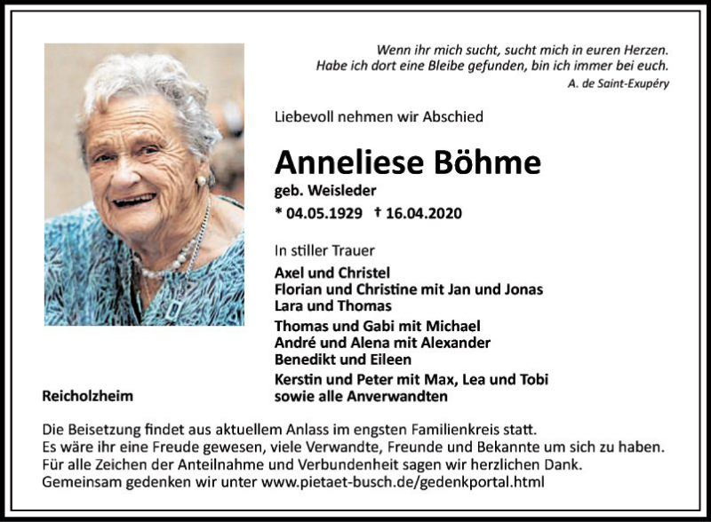  Traueranzeige für Anneliese Böhme vom 21.04.2020 aus Fränkische Nachrichten