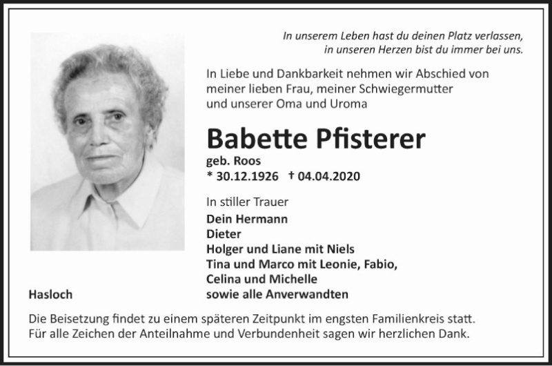  Traueranzeige für Babette Pfisterer vom 08.04.2020 aus Fränkische Nachrichten