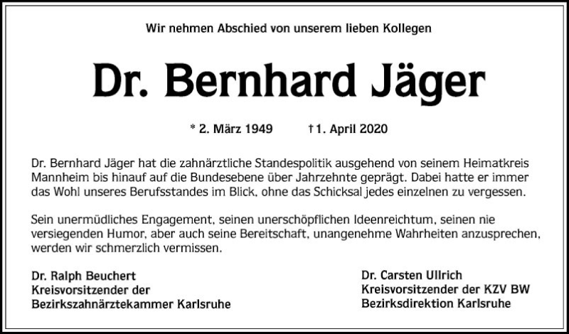  Traueranzeige für Bernhard Jäger vom 11.04.2020 aus Mannheimer Morgen