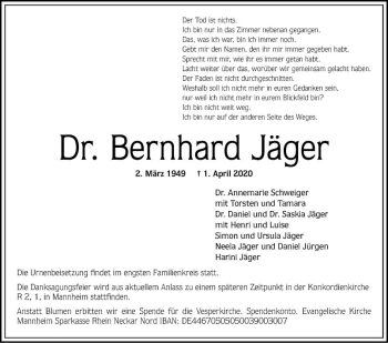 Traueranzeige von Bernhard Jäger von Mannheimer Morgen