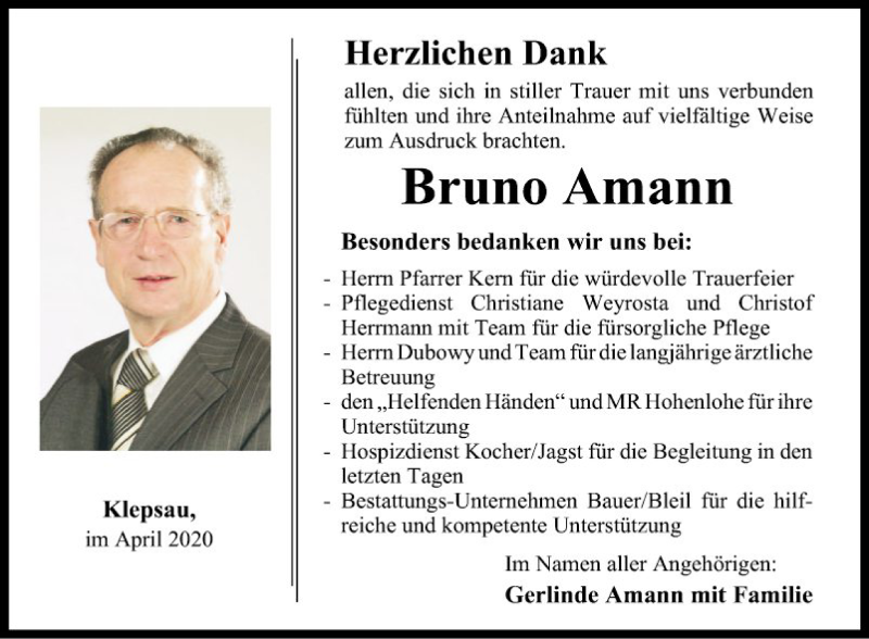  Traueranzeige für Bruno Amann vom 11.04.2020 aus Fränkische Nachrichten