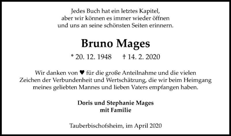  Traueranzeige für Bruno Mages vom 11.04.2020 aus Fränkische Nachrichten