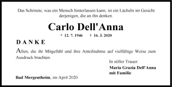 Traueranzeige von Carlo Dell'Anna von Fränkische Nachrichten