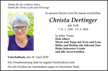 Traueranzeige von Christa Dertinger von Fränkische Nachrichten