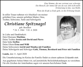 Traueranzeige von Christiane Spitznagel von Fränkische Nachrichten