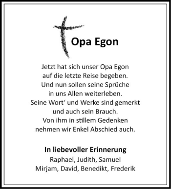 Traueranzeige von Egon  von Fränkische Nachrichten