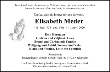 Traueranzeige von Elisabeth Meder von Fränkische Nachrichten