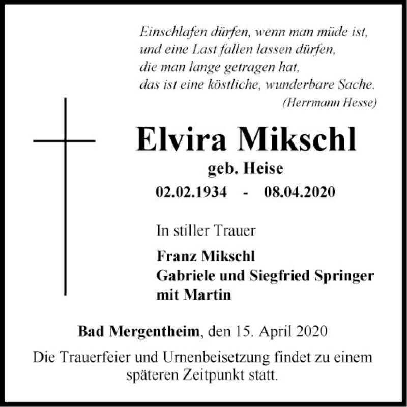  Traueranzeige für Elvira Mikschl vom 15.04.2020 aus Fränkische Nachrichten