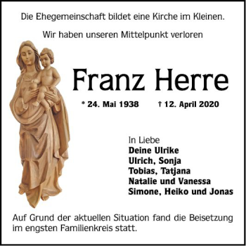 Traueranzeige von Franz Herre von Mannheimer Morgen