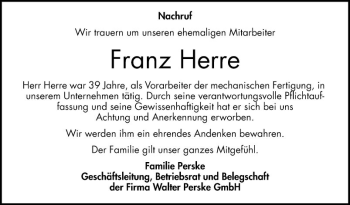 Traueranzeige von Franz Herre von Mannheimer Morgen
