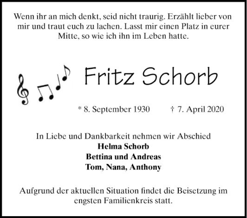  Traueranzeige für Fritz Schorb vom 18.04.2020 aus Mannheimer Morgen