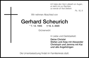 Traueranzeige von Gerhard Scheurich von Fränkische Nachrichten