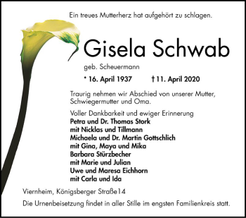 Traueranzeige von Gisela Schwab von Südhessen Morgen