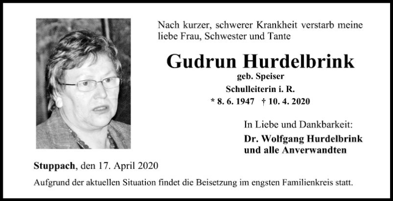  Traueranzeige für Gudrun Hurdelbrink vom 17.04.2020 aus Fränkische Nachrichten