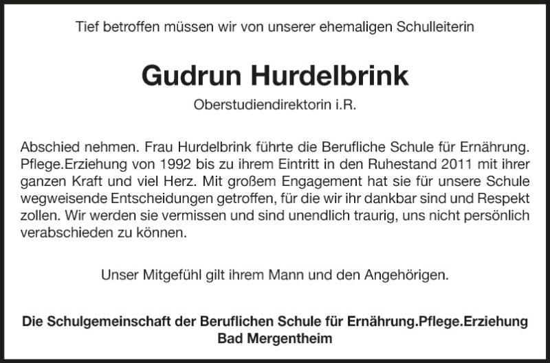  Traueranzeige für Gudrun Hurdelbrink vom 17.04.2020 aus Fränkische Nachrichten