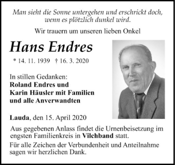 Traueranzeige von Hans Endres von Fränkische Nachrichten