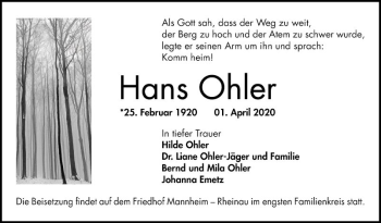 Traueranzeige von Hans Ohler von Mannheimer Morgen
