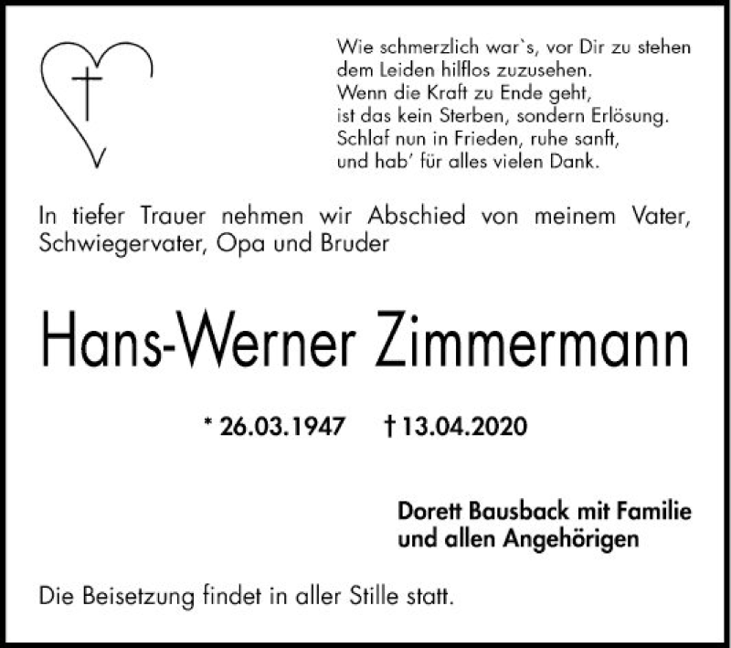  Traueranzeige für Hans-Werner Zimmermann vom 18.04.2020 aus Mannheimer Morgen