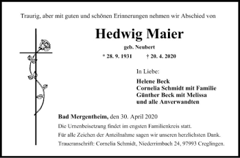 Traueranzeige von Hedwig Maier von Fränkische Nachrichten