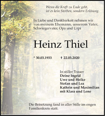 Traueranzeige von Heinz Thiel von Mannheimer Morgen