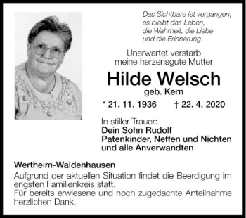 Traueranzeige von Hilde Welsch von Fränkische Nachrichten