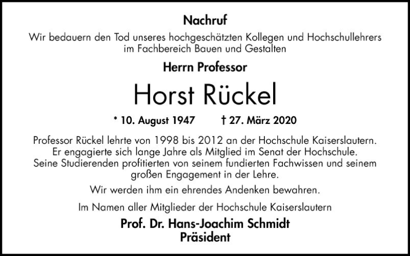  Traueranzeige für Horst Rückel vom 11.04.2020 aus Bergsträßer Anzeiger